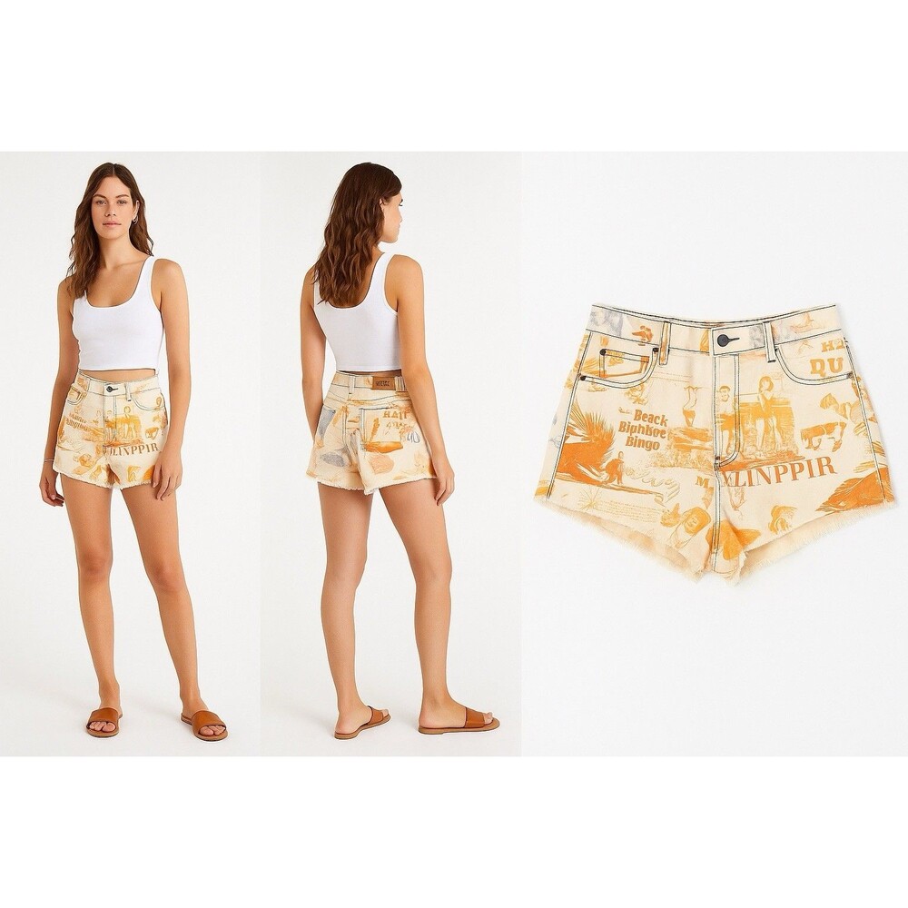 BDG Urban Outfitters Pitched Waist Denim Shorts Retro Graphic Print Cutoff 32